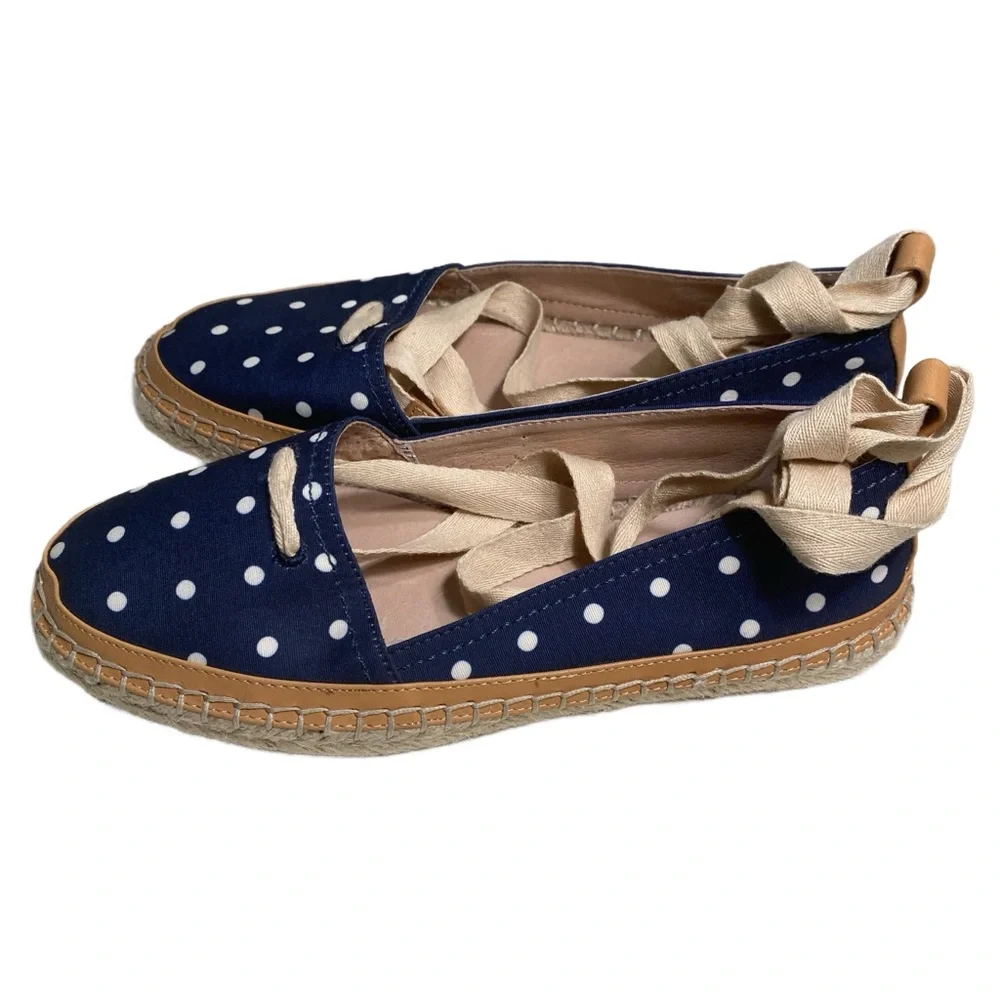 Antonio Melani Luluna Ankle Wrap Jute Espadrille Slip On Polka Dot Flat Navy 7.5